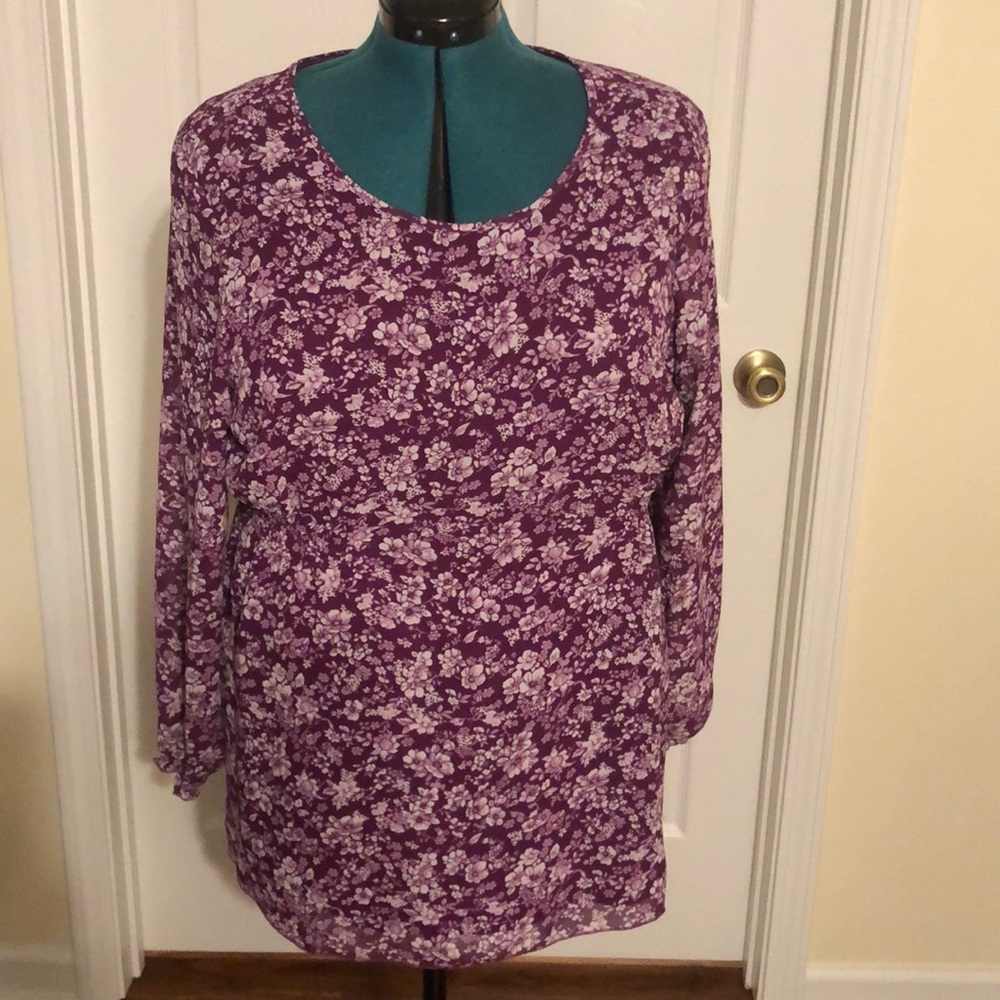 D & Co Denim & Company Burgundy and White Floral Long Sleeve Top Size 1X